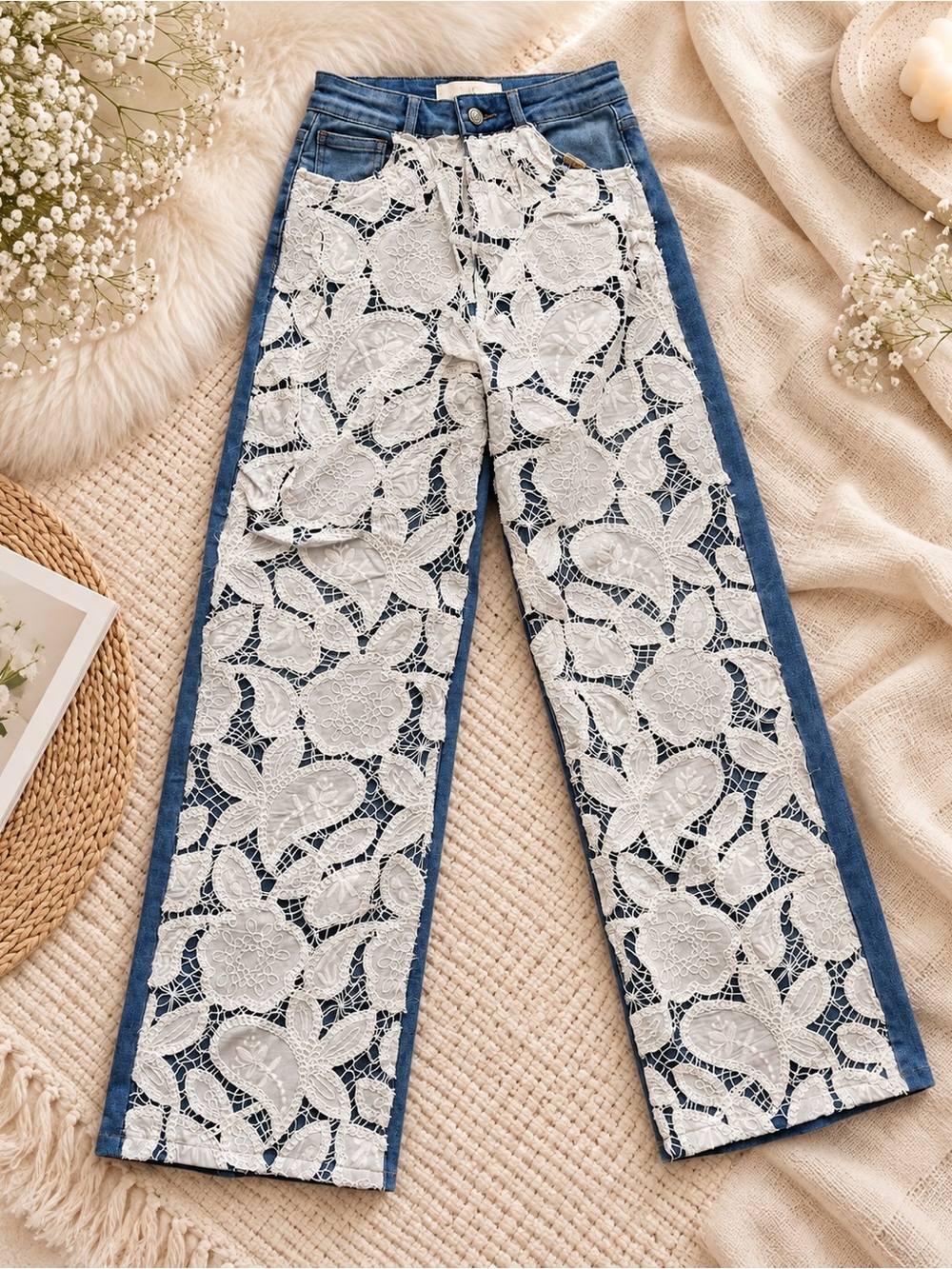 Women's Blue Denim Wide-Leg Jeans with White Lace Panels